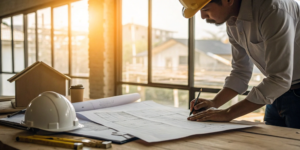 Forensic structural engineer reviewing building plans on a construction site.