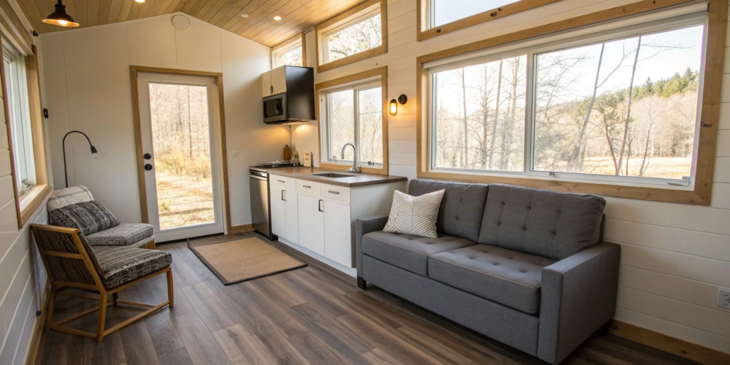 A modern 1-bedroom ADU floor plan with an open-concept kitchen and living area designed to maximize space.