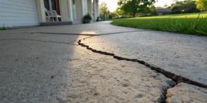 A hairline crack in a concrete house foundation.
