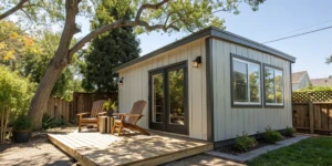 A modern detached ADU with a wood deck, built using professional ADU building plans.
